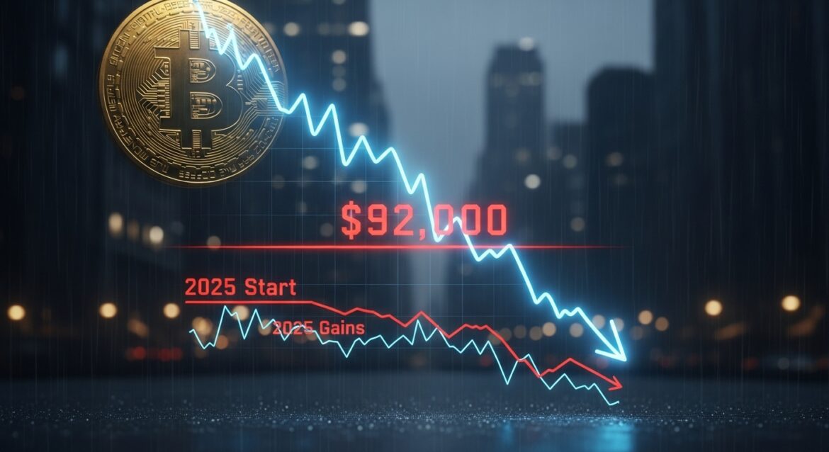 Bitcoin drops below $92,000, erases all gains for 2025
